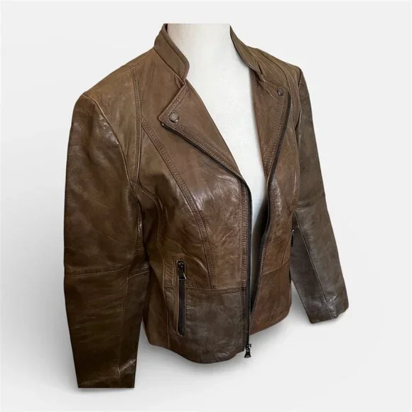 Buttery Leather Marc New York Olive Leather Moto Jacket Zip Banded Collar Medium - Picture 2 of 15